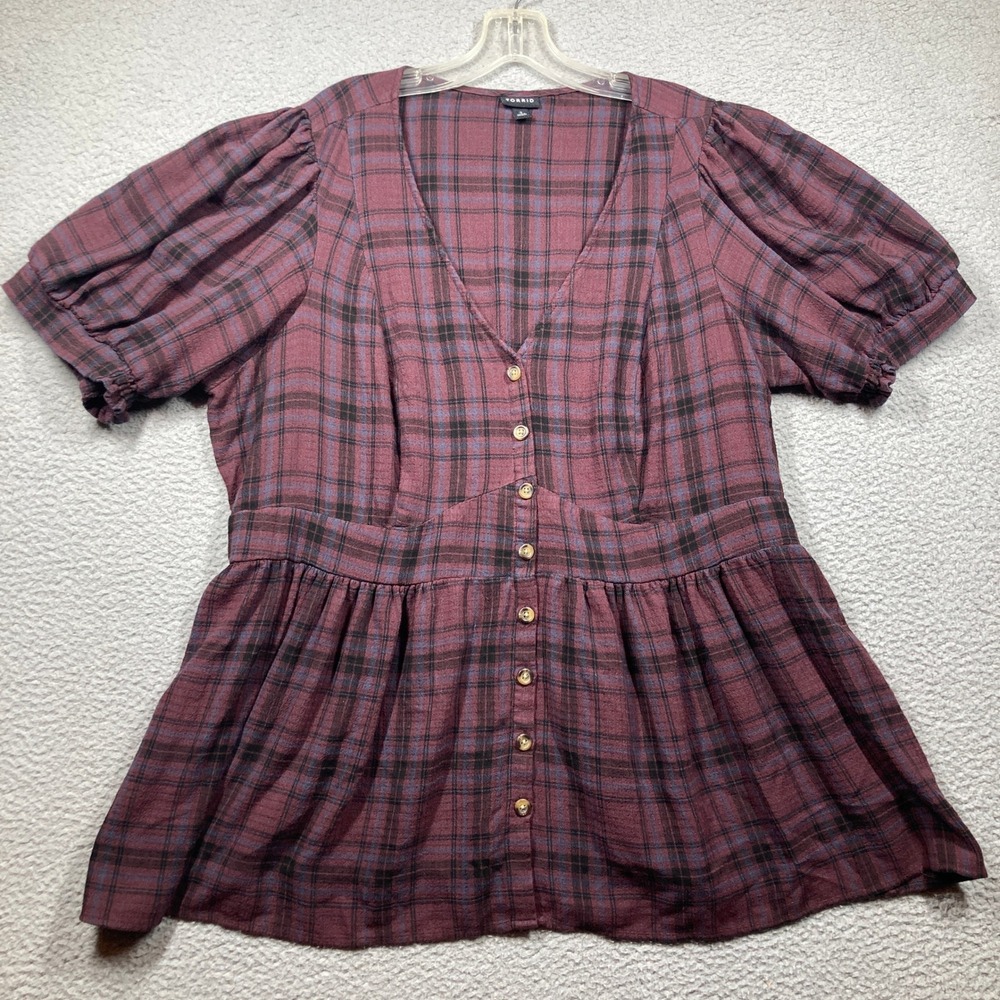 Torrid Tunic Top Womens Plus 3X Burgundy Plaid Flannel Button Up Baby‎ Doll